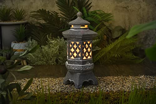 TERESA'S COLLECTIONS Pagoda Garden Statues with Solar Lights, Resin Zen Garden Lantern Asian Decor Outdoor Statues Yard Ornaments for Landscape Patio Porch Lawn Decorations, 12.6'' (Stone Finish)