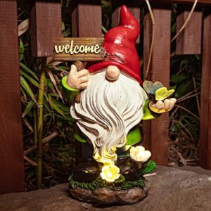 ovewios garden gnomes statue with solar lights, large garden gnome outdoor funny figurines holding welcome sign and bee garden decor for outside patio yard lawn sculpture ornament gifts