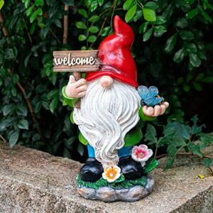 Ovewios Garden Gnomes Statue with Solar Lights, Large Garden Gnome Outdoor Funny Figurines Holding Welcome Sign and Bee Garden Decor for Outside Patio Yard Lawn Sculpture Ornament Gifts