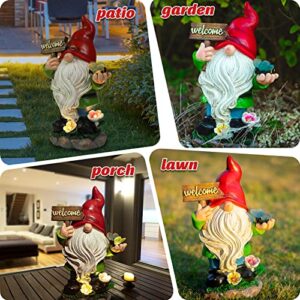 Ovewios Garden Gnomes Statue with Solar Lights, Large Garden Gnome Outdoor Funny Figurines Holding Welcome Sign and Bee Garden Decor for Outside Patio Yard Lawn Sculpture Ornament Gifts