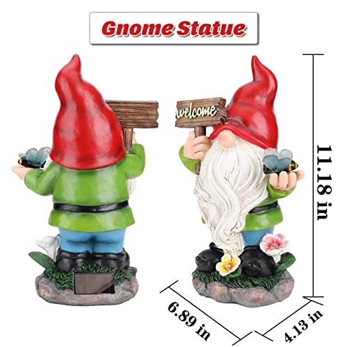 Ovewios Garden Gnomes Statue with Solar Lights, Large Garden Gnome Outdoor Funny Figurines Holding Welcome Sign and Bee Garden Decor for Outside Patio Yard Lawn Sculpture Ornament Gifts