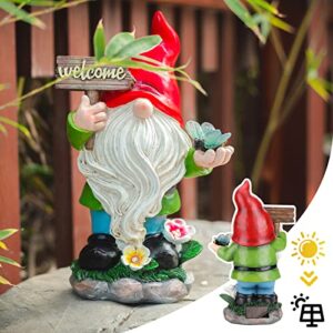 Ovewios Garden Gnomes Statue with Solar Lights, Large Garden Gnome Outdoor Funny Figurines Holding Welcome Sign and Bee Garden Decor for Outside Patio Yard Lawn Sculpture Ornament Gifts