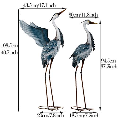 TERESA'S COLLECTIONS Garden Decor Blue Heron Sculptures Great Yard Decor, 37-40.7 Inch Large Metal Cranes Statues Decoy for Outdoor Outside Yard Art Patio Pond Pool Lawn Indoor Decorations, Set of 2