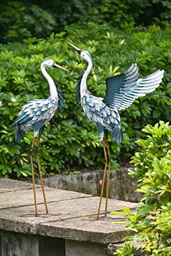 TERESA'S COLLECTIONS Garden Decor Blue Heron Sculptures Great Yard Decor, 37-40.7 Inch Large Metal Cranes Statues Decoy for Outdoor Outside Yard Art Patio Pond Pool Lawn Indoor Decorations, Set of 2