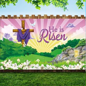 happy easter day decorations he is risen backdrop photography banner, large fabric easter cross religious backdrop background for jesus easter spring party decorations, 72.8 x 43.3 inch