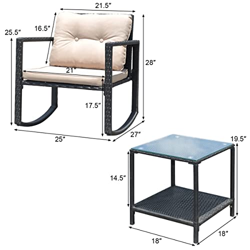 Acquire 3 PC Patio Rattan Conversation Set Rocking Chair Cushioned Sofa Garden Furniture
