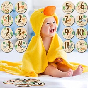 16 Pieces Wooden Baby Monthly Milestone Cards Jungle Animal Baby Monthly Milestone Marker Discs Double Sided Safari Animal Wooden Circles Baby Months Signs for Baby Shower Newborn Photo Props