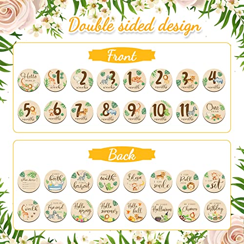 16 Pieces Wooden Baby Monthly Milestone Cards Jungle Animal Baby Monthly Milestone Marker Discs Double Sided Safari Animal Wooden Circles Baby Months Signs for Baby Shower Newborn Photo Props