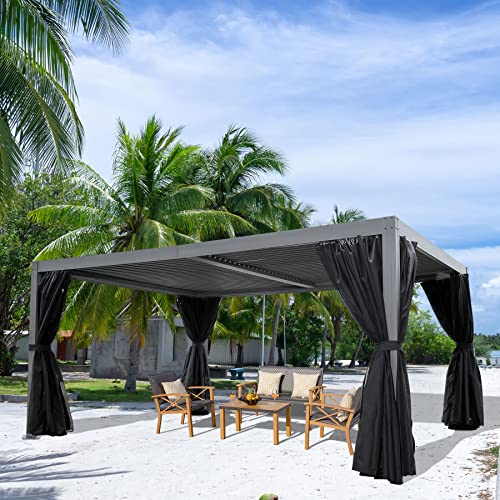 Domi Outdoor Living 12’ X 16’ Outdoor Louvered Pergola Aluminum Patio Garden Gazebo with Adjustable Roof for Backyard, Garden w/Curtains and Netting (Gray)