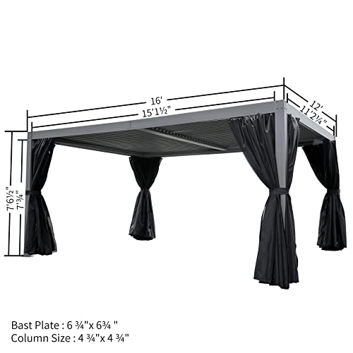 Domi Outdoor Living 12’ X 16’ Outdoor Louvered Pergola Aluminum Patio Garden Gazebo with Adjustable Roof for Backyard, Garden w/Curtains and Netting (Gray)