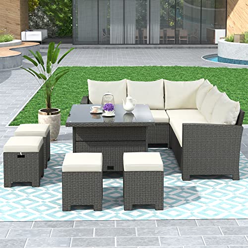 DHHU Patio Furniture, 8 Piece Weather Brown Wicker Sectional Sofa, Outdoor Conversation Set, Dining Table Chair with Ottoman, Cushions, Beige