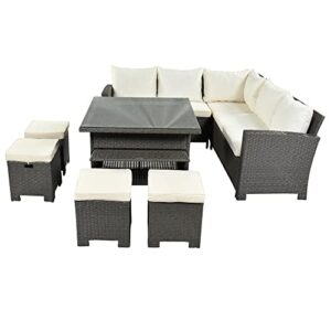 DHHU Patio Furniture, 8 Piece Weather Brown Wicker Sectional Sofa, Outdoor Conversation Set, Dining Table Chair with Ottoman, Cushions, Beige