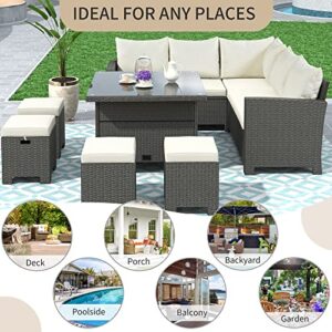 DHHU Patio Furniture, 8 Piece Weather Brown Wicker Sectional Sofa, Outdoor Conversation Set, Dining Table Chair with Ottoman, Cushions, Beige