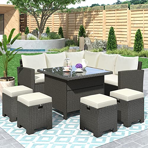 DHHU Patio Furniture, 8 Piece Weather Brown Wicker Sectional Sofa, Outdoor Conversation Set, Dining Table Chair with Ottoman, Cushions, Beige