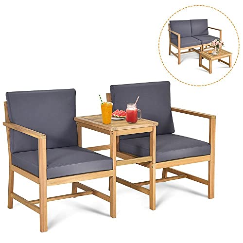 Acquire 3 PCS Patio Table Chairs Set Solid Wood Thick Cushion Sectional Garden Furniture