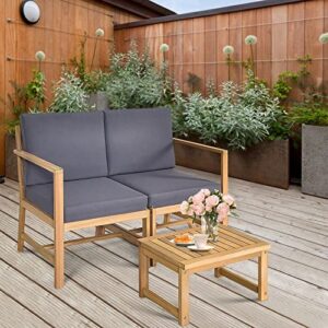 Acquire 3 PCS Patio Table Chairs Set Solid Wood Thick Cushion Sectional Garden Furniture