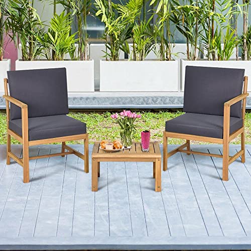 Acquire 3 PCS Patio Table Chairs Set Solid Wood Thick Cushion Sectional Garden Furniture