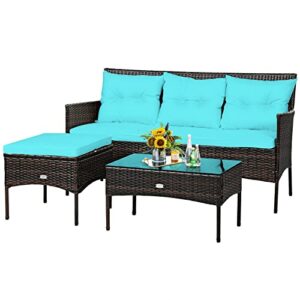 acquire 3 pcs patio rattan furniture set 3-seat sofa cushioned table turqouise suitable for poolside, backyard and garden, etc