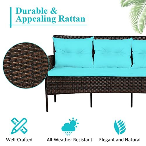 Acquire 3 PCS Patio Rattan Furniture Set 3-Seat Sofa Cushioned Table Turqouise Suitable for Poolside, Backyard and Garden, Etc