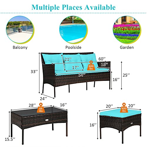 Acquire 3 PCS Patio Rattan Furniture Set 3-Seat Sofa Cushioned Table Turqouise Suitable for Poolside, Backyard and Garden, Etc