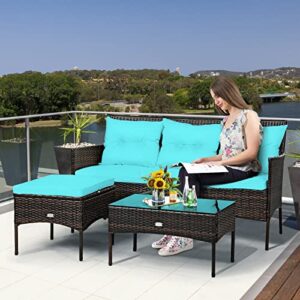 Acquire 3 PCS Patio Rattan Furniture Set 3-Seat Sofa Cushioned Table Turqouise Suitable for Poolside, Backyard and Garden, Etc