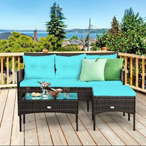 Acquire 3 PCS Patio Rattan Furniture Set 3-Seat Sofa Cushioned Table Turqouise Suitable for Poolside, Backyard and Garden, Etc
