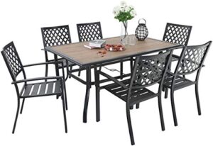 phi villa 7-piece metal outdoor patio furniture 37.4″ x 59.8″ wood like rectangular dining table and chairs set for ourdoor backyard lawn garden, black