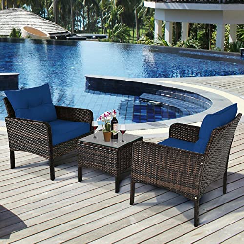 Acquire 3 PCS Outdoor Rattan Conversation Set Patio Garden Cushioned Sofa Chair Coffee Table (Color : A)