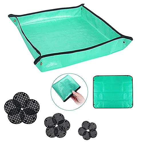 BIUWING 39.4" x 39.4" Plant Repotting Mat, Large Foldable Gardening Mat, Waterproof Transplanting Potting Mat Indoor Outdoor, with 15 Pieces Pot Hole Mesh Pads