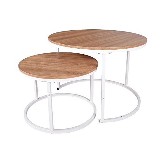 Round Nesting Coffee Table Modern Nesting Side Set of 2 End Table, for Living Room Balcony Garden, etc,Round Wooden Accent Coffee Table with Solid Powder-Coated Metal Frame (Teak)