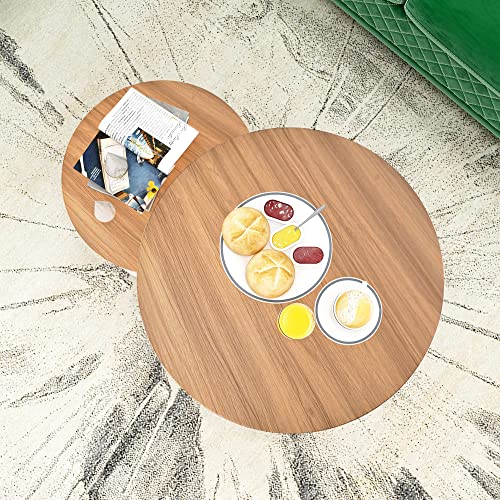 Round Nesting Coffee Table Modern Nesting Side Set of 2 End Table, for Living Room Balcony Garden, etc,Round Wooden Accent Coffee Table with Solid Powder-Coated Metal Frame (Teak)