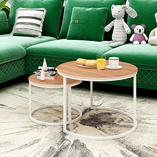 Round Nesting Coffee Table Modern Nesting Side Set of 2 End Table, for Living Room Balcony Garden, etc,Round Wooden Accent Coffee Table with Solid Powder-Coated Metal Frame (Teak)