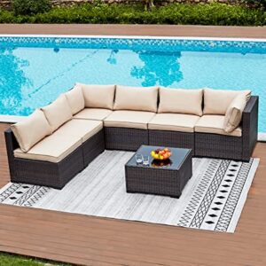 NATURAL EXPRESSIONS 7 Piece Outdoor Patio Furniture Sets,All-Weather Wicker Sectional Sofa Patio Set Conversation Set,Tempered Glass Table & Washable Cushions for Backyard,Porch,Garden,Balcony