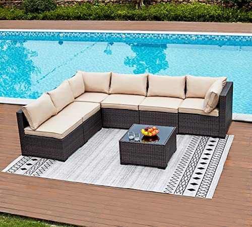 NATURAL EXPRESSIONS 7 Piece Outdoor Patio Furniture Sets,All-Weather Wicker Sectional Sofa Patio Set Conversation Set,Tempered Glass Table & Washable Cushions for Backyard,Porch,Garden,Balcony