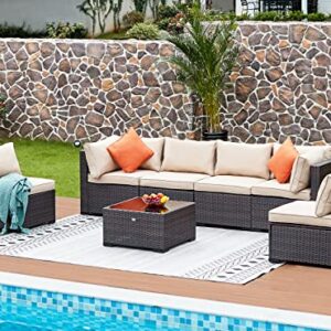 NATURAL EXPRESSIONS 7 Piece Outdoor Patio Furniture Sets,All-Weather Wicker Sectional Sofa Patio Set Conversation Set,Tempered Glass Table & Washable Cushions for Backyard,Porch,Garden,Balcony