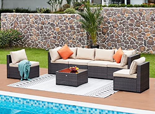 NATURAL EXPRESSIONS 7 Piece Outdoor Patio Furniture Sets,All-Weather Wicker Sectional Sofa Patio Set Conversation Set,Tempered Glass Table & Washable Cushions for Backyard,Porch,Garden,Balcony