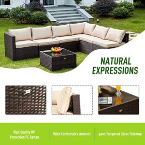 NATURAL EXPRESSIONS 7 Piece Outdoor Patio Furniture Sets,All-Weather Wicker Sectional Sofa Patio Set Conversation Set,Tempered Glass Table & Washable Cushions for Backyard,Porch,Garden,Balcony