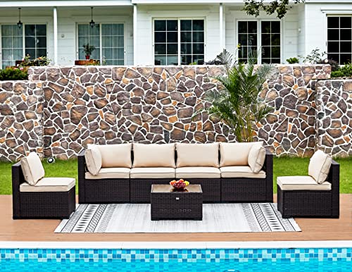 NATURAL EXPRESSIONS 7 Piece Outdoor Patio Furniture Sets,All-Weather Wicker Sectional Sofa Patio Set Conversation Set,Tempered Glass Table & Washable Cushions for Backyard,Porch,Garden,Balcony