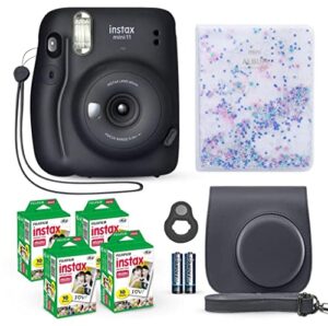 fujifilm instax mini 11 instant camera charcoal gray + fuji film value pack (40 sheets) + shutter accessories bundle, incl compatible carrying case, selfie lens, quicksand beads photo album 64 pockets