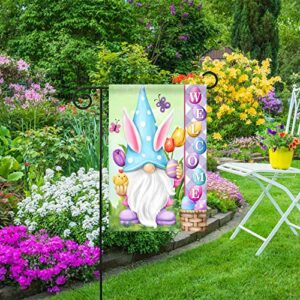 Texupday Welcome Bunny Gnome Easter Eggs Tulips Decoration Easter Spring Holiday House Flag Outdoor Yard Flag 28" x 40"