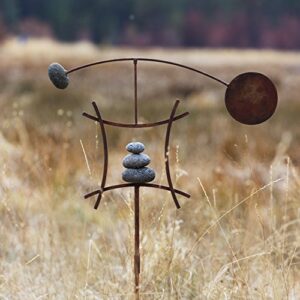 Aura Life Zen Garden Spinner Kinetic Wind Sculpture | Balanced Arch Yard Decor with Rock Cairn and Stake | Relaxing Metal Art Wind Vane Sculptures | Handmade (Bare Steel)