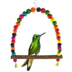floro hummingbird, wren, wild bird swing, comfortable wooden perch for resting & guarding food, countryside style garden décor with colorful beads, includes metal hook for easy installation