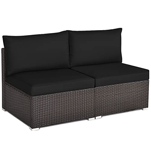 Tangkula 2 PCS Outdoor Wicker Armless Sofa, Patio Rattan Sectional Sofa Set w/2 Thick Seat Cushions and 2 Back Cushions, Additional Seats for Balcony Garden Patio Poolside (Black)