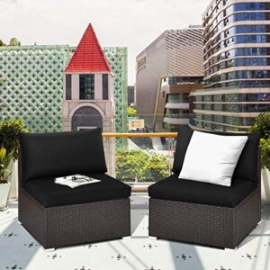 Tangkula 2 PCS Outdoor Wicker Armless Sofa, Patio Rattan Sectional Sofa Set w/2 Thick Seat Cushions and 2 Back Cushions, Additional Seats for Balcony Garden Patio Poolside (Black)