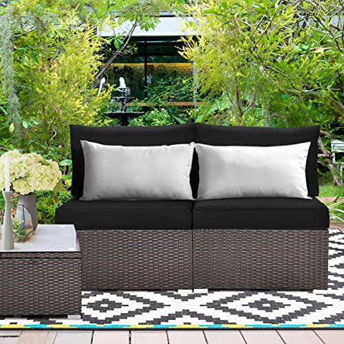 Tangkula 2 PCS Outdoor Wicker Armless Sofa, Patio Rattan Sectional Sofa Set w/2 Thick Seat Cushions and 2 Back Cushions, Additional Seats for Balcony Garden Patio Poolside (Black)
