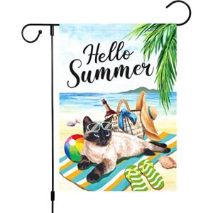 louise maelys hello summer garden flags 12×18 double sided, burlap welcome summer beach cat garden yard house flag banner vertical for outside seasonal outdoor decoration (only flag)