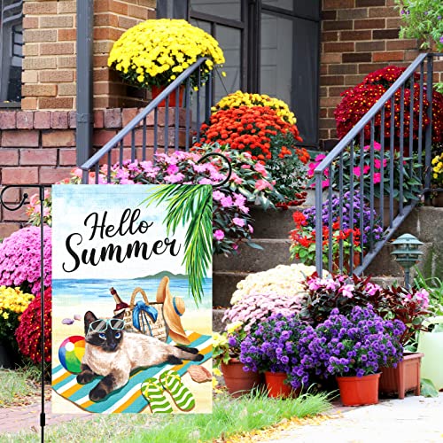 Louise Maelys Hello Summer Garden Flags 12x18 Double Sided, Burlap Welcome Summer Beach Cat Garden Yard House Flag Banner Vertical for Outside Seasonal Outdoor Decoration (ONLY FLAG)