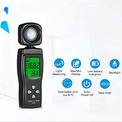 Digital Lux Meter, Illuminometer, Photometer, 0～200,000 Lux Measure Range, Lux/FC Unit Selection for Homes, Agriculture, Warehouses, Farms, Stage, Stadiums(Battery NOT Included)