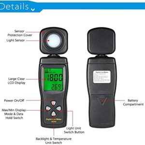 Digital Lux Meter, Illuminometer, Photometer, 0～200,000 Lux Measure Range, Lux/FC Unit Selection for Homes, Agriculture, Warehouses, Farms, Stage, Stadiums(Battery NOT Included)