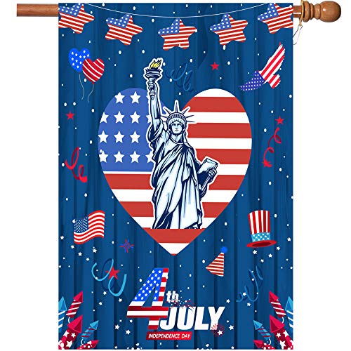 Happy 4th of July House Flags,Double Sided Independence Day Garden Flag Yard Decorations Memorial Patriotic Star Statue of Liberty House Flag 28 x 40 Inch Holiday USA Flags with 2 Grommets